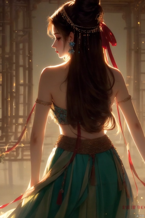 (HRD, HUD, 8K),,(masterpiece, best quality), highly detailed,,bamboo, boat, GuoYun, 1girl, jewelry, solo, upper body, hair ornament, brown hair, necklace, looking back, earrings, long hair, black hair, looking at viewer, bare shoulders, ribbon, dancing, from behind, back, skirt, forehead mark, facial mark,