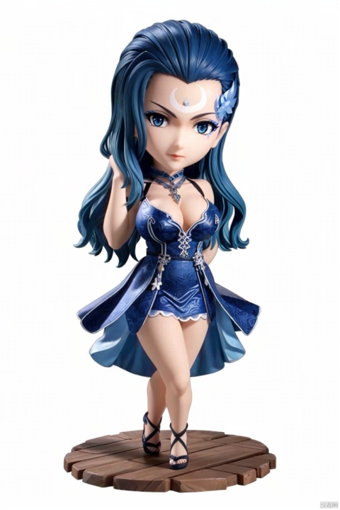  ((HRD, HUD, 8K)),((masterpiece, best quality)), highly detailed, (chibi:1.2), big eyes, big head, 
1girl, solo, long hair, blue hair, black hair, hair ornament, blue eyes, facial mark, forehead mark, crescent, lips, breasts, large breasts, cleavage, necklace, jewelry, dress, blue dress, high heels, simple background, white background, full body, long legs, standing, looking at viewer, LiuYue