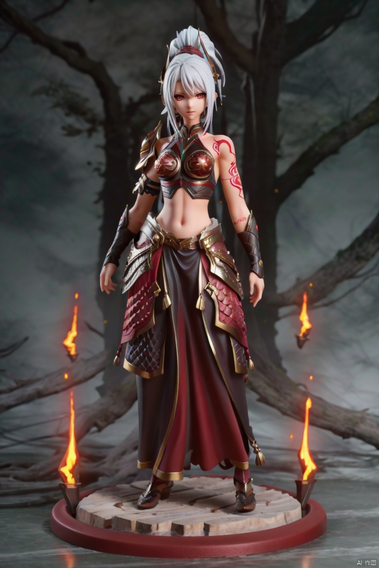  ((HRD, HUD, 8K)),((masterpiece, best quality)), highly detailed,
1girl, solo, white hair, long hair, red eyes, ponytail, tattoo, armor, midriff, 
simple background, grey background, full body, long legs, standing, looking at viewer,