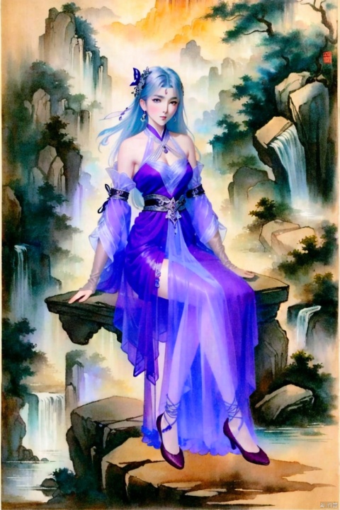  ((HRD, HUD, 8K)),((masterpiece, best quality)), highly detailed, soft light,InkAndWash, 
1girl, solo, long hair, white hair, blue hair, hair ornament, jewelry, earrings,
dress, blue dress, bare shoulders, purple dress, detached sleeves, gloves,fingerlessgloves,anklet,purplefootwear,
chinese text, mountain, water, river, waterfall, sitting, full body, chinese text, traditional media, fine art parody, parody,looking at viewer, signature, watercolor (medium), faux traditional media, YaFei, XiaoYiXian