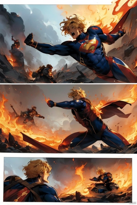  ((HRD, HUD, 8K)),((masterpiece, best quality)), highly detailed, soft light,
Fight, superhero, comic, blonde hair, multiple boys, fire, english text, bodysuit, animification, open mouth, firing, male focus, 2boys