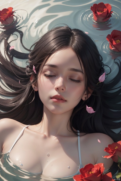 Absurdity, realistic rendering, (masterpiece, best quality), flowers, solo, water, roses, realistic, with eyes closed, blurry, partially submerged, 1 girl, floating, ripple, red flowers, petals, pink flowers, black hair, top-down, (8k, best quality, ultra-high resolution, masterpiece: 1.2), , 1girl
