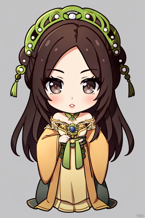  ((HRD, HUD, 8K)),((masterpiece, best quality)), highly detailed, soft light, (chibi:1.2), big eyes, big head, 
1girl, solo, long hair, hair ornament, black hair, brown hair, brown eyes, lips,jewelry,dress, chinese clothes, bare shoulders, long sleeves, wide sleeves,simple background, grey background, full body, standing, looking at viewer
