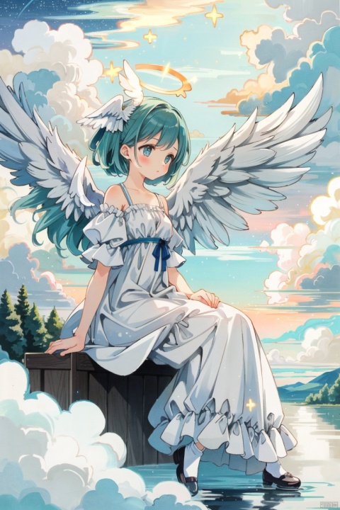 blurry foreground with drifting clouds. in the background, a girl with angel wings and halo, sitting among clouds. her dress is made of clouds and dotted with little stars. The whole atmosphere of the picture is serene and dreamy, evoking a sense of nostalgia and magic. very aesthetic.
ColoredLead
