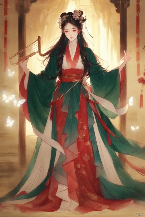  ((HRD, HUD, 8K)),((masterpiece, best quality)), highly detailed, soft light,
GuoYun, 1girl, flower, hanfu, solo, long hair, black hair, hair ornament, bug, chinese clothes, wide sleeves, long sleeves, butterfly, standing, shawl, instrument, full body, holding, robe,
