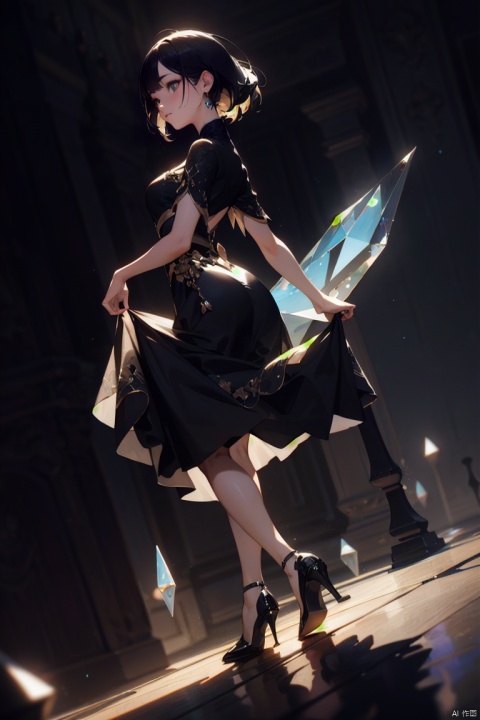  ((Best Quality)), ((Masterpiece)), (Very detailed:1.3), 3D, 1 girl,solo,(((full body))),J elegant asian woman in a black Mosaic dress,dance, Fairy, crystal, jewels,Crystal clear,eyeshadow,,dynamic pose,(the skirt sways with the wind:1.2),(skirt_hold:1.2),,high heels,Charming eyes,sideways_glance,exquisite facial features,slim legs,graceful yet melancholic posture,full shot,dutch angle,from_side,medium_shot,soft lighting,dramatic,perfect lighting,simple_background,(masterpiece, realistic, best quality, highly detailed, Ultra High Resolution, Photo Art, profession,cinematic_angle),plns,sw,1girl, dress,nature,colorful, HDR (high dynamic range), ray tracing, nvidia RTX, super resolution, Unreal 5, subsurface scattering, PBR texture, post-processing, anisotropic filtering, depth of field, Maximum sharpness and sharpness, multi-layered textures, albedo and highlight maps, surface shading, accurate simulation of light-material interactions, perfect ratios, octane rendering, duotone lighting, low ISO, white balance, rule of thirds, wide aperture, 8K RAW, efficient sub-pixels, subpixel convolution, luminous particles, dynamic pose, 
