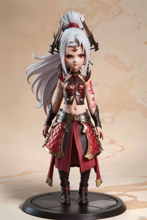  ((HRD, HUD, 8K)),((masterpiece, best quality)), highly detailed, chibi, big eyes,big head,
1girl, solo, white hair, long hair, red eyes, ponytail, tattoo, armor, midriff,
simple background, white background, full body, long legs, standing, looking at viewer, 
, MengXianGu