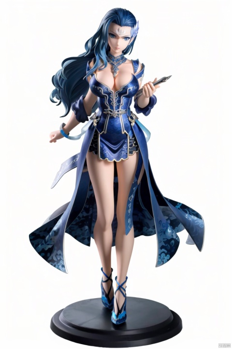  ((HRD, HUD, 8K)),((masterpiece, best quality)), highly detailed,
1girl, solo, long hair, blue hair, black hair, hair ornament, blue eyes, facial mark, forehead mark, crescent, lips, breasts, large breasts, cleavage, necklace, jewelry, dress, blue dress, high heels, simple background, white background, full body, long legs, standing, looking at viewer, LiuYue