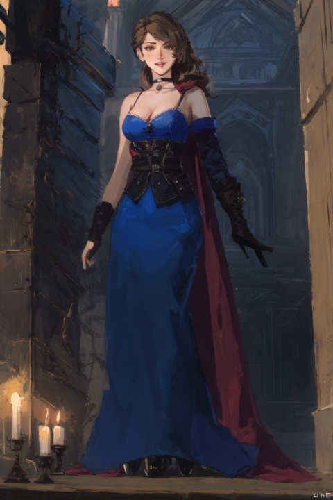  ((HRD, HUD, 8K)),((masterpiece, best quality)), highly detailed, soft light,
1girl, solo, brown hair, long hair, black hair, black eyes, lips, makeup
dress, blue dress, choker, breasts, medium breasts, cleavage, gloves, elbow gloves,cape,bareshoulders,jewelry,highheels,
candle, flower, rose, looking at viewer, skull, smile, from below, fang, red rose, hairclip, red flower, glowing eyes, full body, , QiuShui