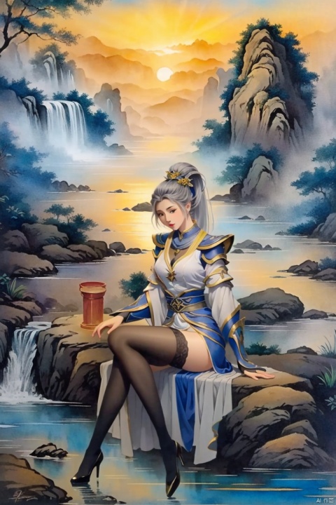 ((HRD, HUD, 8K)),((masterpiece, best quality)), highly detailed, soft light,InkAndWash, 
1girl, solo, ponytail, long hair, grey hair, hair ornament, blue eyes, makeup, redlips,
armor,gloves,breasts,thighhighs,boots,
 mountain, water, river, waterfall, sitting, full body, chinese text, traditional media, fine art parody, parody,looking at viewer, signature, watercolor (medium), faux traditional media,