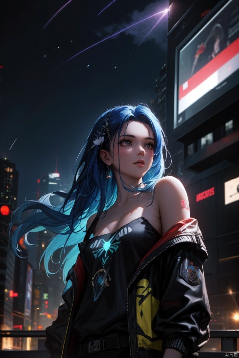 (masterpiece), best quality, ultra high res,, cyberpunk 1girl flying above stunning cityscape ,hoodie,blue hair, neon color shooting stars, very long hair, off shoulder, feather hair ornament, neon colors, flashes, stunning night sky, cinematic lighting, photorealistic, realistic skin, HDR,fisheye, 1 girl ColoredLead