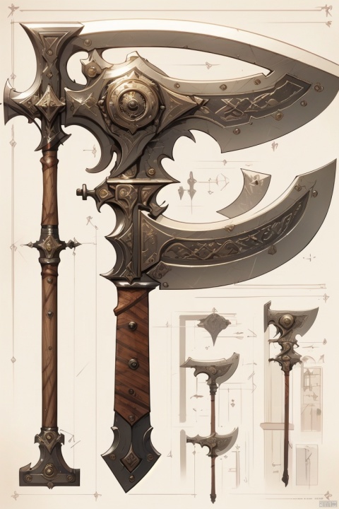  ((HRD, HUD, 8K)),((masterpiece, best quality)), highly detailed, soft light,
GameWeapon, no humans, axe, weapon, concept art, fantasy, battle axe, sword, still life,