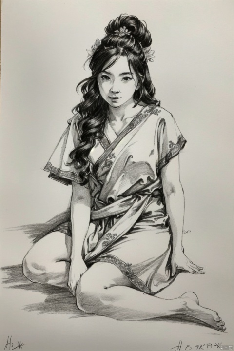  ((HRD, HUD, 8K)),((masterpiece, best quality)), highly detailed,
Sketch, 1girl, monochrome, solo, greyscale, sitting, barefoot, traditional media, signature, dated, dress, hair ornament, sketch, looking at viewer, long hair,