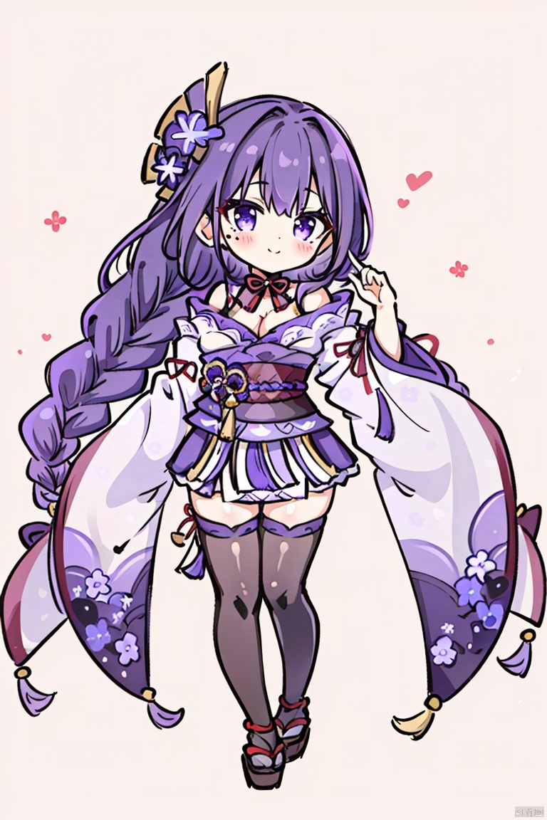  ((HRD, HUD, 8K)),((masterpiece, best quality)), highly detailed, soft light,
YuanShen, 1girl, solo, raiden shogun, long hair, thighhighs, breasts, braid, japanese clothes, purple eyes, kimono, hair ornament, full body, sash, purple hair, cleavage, bangs, obi, looking at viewer, very long hair, smile, wide sleeves, long sleeves, braided ponytail, black thighhighs, mole, bridal gauntlets, mole under eye, closed mouth, simple background, armor, shoulder armor, tassel, thighs, hand up, medium breasts, single braid, standing, purple kimono, blush, sandals, obijime, flower, ribbon, off shoulder,