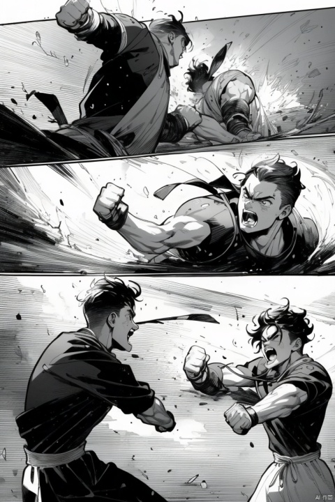  ((HRD, HUD, 8K)),((masterpiece, best quality)), highly detailed, soft light,
Fight, monochrome, greyscale, multiple boys, punching, comic, 2boys, male focus, teeth
