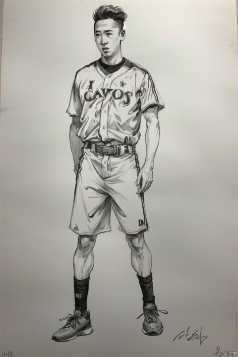  ((HRD, HUD, 8K)),((masterpiece, best quality)), highly detailed,
Sketch, 1boy, male focus, solo, monochrome, greyscale, shorts, traditional media, sportswear, shoes, full body, signature, shirt, baseball uniform, belt, sneakers, standing, looking at viewer,