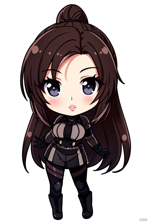 ((HRD, HUD, 8K)),((masterpiece, best quality)), highly detailed, soft light, (chibi:1.2), big eyes, big head, 
1girl, solo, black hair, brown hair, long hair, ponytail, lips, black eyes, breasts, bodysuit, armor, gloves, boots,simple background, white background, full body, long legs, standing, looking at viewer, , NongYu