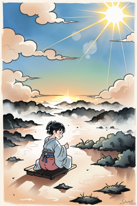 from above, Real lighting, (realistic:0.7), (3D:0.7), (solo:1.3),(first sunshine:1.3), (sheine background:1.3), Cloud cover, looking down,kimono,squatting,Embarrassed,Happy smile InkAndWash