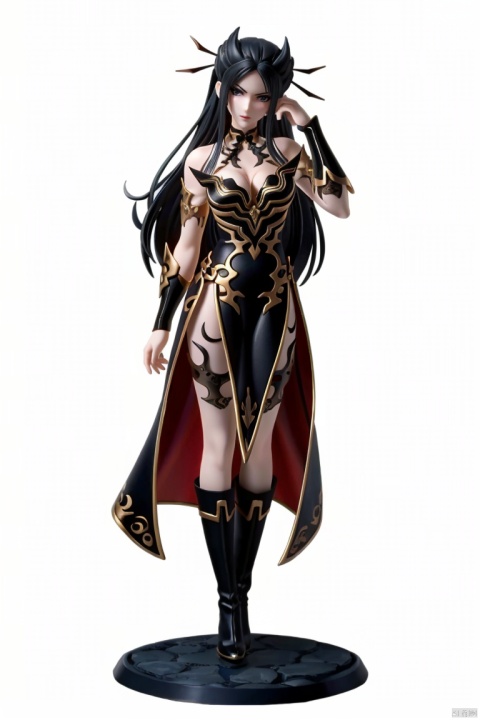  ((HRD, HUD, 8K)),((masterpiece, best quality)), highly detailed, 
1girl, solo, long hair, black hair, hair ornament, hair stick, black eyes, lips, red lips,tattoo, breasts, cleavage, dress, bare shoulders, armor, boots, simple background, white background, full body, long legs, standing, looking at viewer, YanLingJi