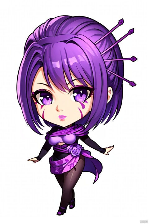  ((HRD, HUD, 8K)),((masterpiece, best quality)), highly detailed, soft light, (chibi:1.2), big eyes, big head, 
1girl, solo, purple hair, hair ornament, hair stick, purple eyes, makeup, facial mark, scar, lips, lipstick,breasts, tattoo, dress, shoes, high heels, simple background, white background, full body, long legs, standing, looking at viewer, , ZiNv