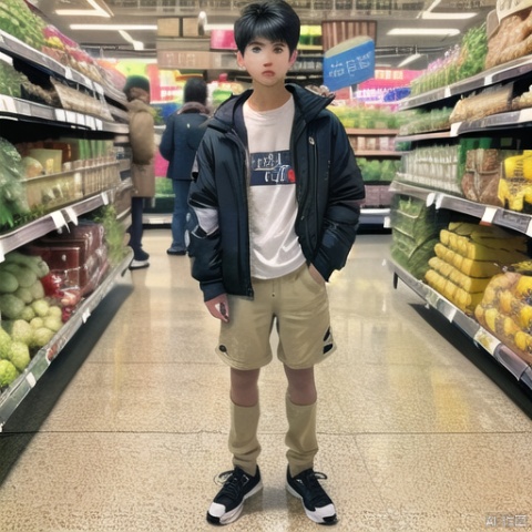  (RAW photo), masterpiece,best quality,(realistic), \n(((1boy,solo))),((16 years old, asian boy, slim body, bright skin, full body, supermarket, from front, people, )), Korean boy, embarrassed, shy, looking at viewer, smooth body, short hair, black hair, brown eyes,\n8k uhd, dslr, high quality, film grain,