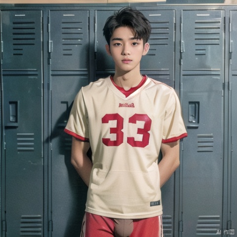  (RAW photo), masterpiece,best quality,(realistic), \n(((1boy,solo))),((16 years old, asian boy, slim body, bright skin, penis, locker_room, from front, people, )), Korean boy, embarrassed, shy, looking at viewer, smooth body, short hair, black hair, brown eyes,\n8k uhd, dslr, high quality, film grain,