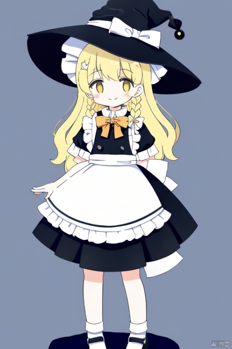 (extremely detailed CG unity 8k wallpaper),(((masterpiece))), (((best quality))), ((ultra-detailed)), (best illustration),(best shadow), ((an extremely delicate and beautiful)),1girl, (kirisame marisa), solo, blonde hair, hat, witch hat, yellow eyes, braid, smile, apron, bow, mary janes, long hair, waist apron, shoes, hat bow, short sleeves, socks, full body, hair bow, looking at viewer, puffy sleeves, skirt
, -