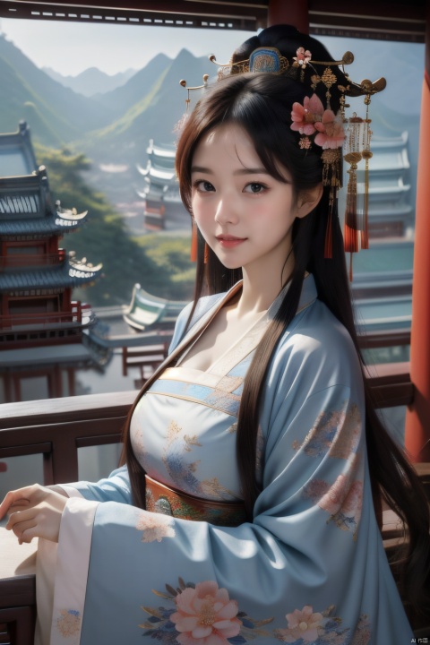 chang,floral print,(cleavage:0.6),wide sleeves,long long sleeves,fantasy theme,chines style,1girl,masterpiece,best quality,Light master,upper body,flower,hair ornament,,,looking at viewer,east asian architecture, last