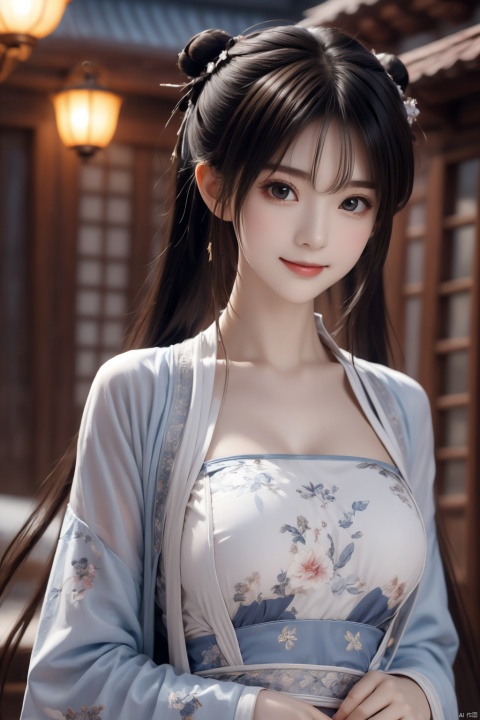  masterpiece,best quality,extremely detailed 8K wallpaper,1girl,zhaolinger,blue and white dress,hair bun,bangs,twintails,black hair,standing,looking at viewer,upper body, , chang,smile