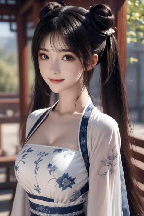  masterpiece,best quality,extremely detailed 8K wallpaper,1girl,zhaolinger,blue and white dress,hair bun,bangs,twintails,black hair,standing,looking at viewer,upper body, , chang,smile,twintails,hair bun,double bun