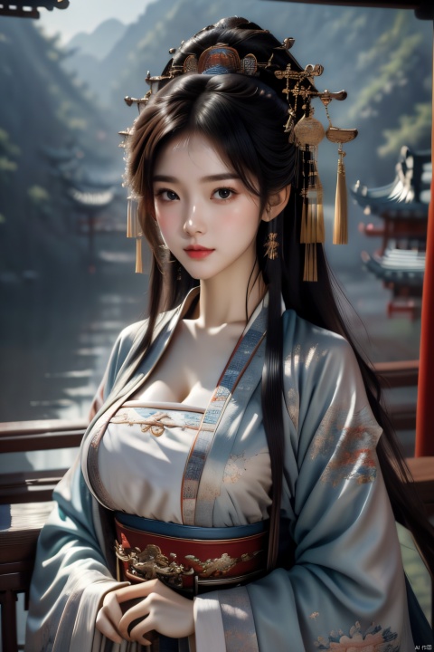  masterpiece,best quality,highly detailed,Amazing,finely detail,extremely detailed CG unity 8k wallpaper,score:>=60,1girl,chang,(hanfu:0.8),long sleeves,(cleavage:0.7),east asian architecture,upper body, chang,large breasts,