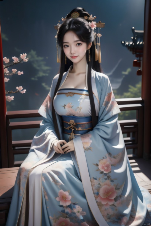full body,chang,(hanfu:0.8),floral print,(cleavage:0.6),wide sleeves,long sleeves,fantasy theme,chines style,Ultra-high skin detail,Perfect facial details,cinematic lighting,chiaroscuro,super detail,award winning,best quality,FilmGirl,1girl,18 years old,Lolita,Beautiful body,fabulous hanfu,chang,floral print,huge_breasts,looking at viewer,