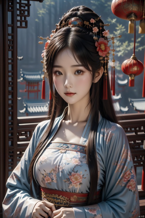 chang,floral print,(cleavage:0.7),long sleeves,fantasy theme,chines style,1girl,masterpiece,best quality,Light master,upper body,flower,hair ornament,looking at viewer,east asian architecture,peace sign