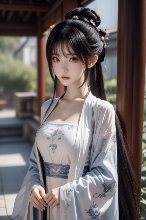  masterpiece,best quality,extremely detailed 8K wallpaper,1girl,zhaolinger,blue and white dress,hair bun,bangs,twintails,black hair,standing,looking at viewer,upper body, , chang