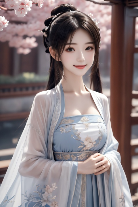  masterpiece,best quality,extremely detailed 8K wallpaper,1girl,zhaolinger,blue and white dress,hair bun,bangs,twintails,black hair,standing,looking at viewer,upper body, , chang,smile
