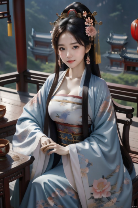 chang,(hanfu:0.8),floral print,(cleavage:0.6),wide sleeves,long long sleeves,fantasy theme,chines style,1girl,masterpiece,best quality,Light master,flower,hair ornament,looking at viewer,east asian architecture, sitting,chair,