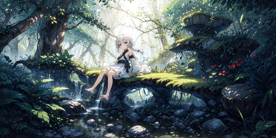 Bare shoulder, white hair, medium hair, golden eyes, white dress, white robe, closed mouth, one braid,closed mouth, raised head, standing, forests,leaves,outdoors,stream,sitting on rock,(petite,loli),(panorama,wide shot,full body,from below,dynamic angle),