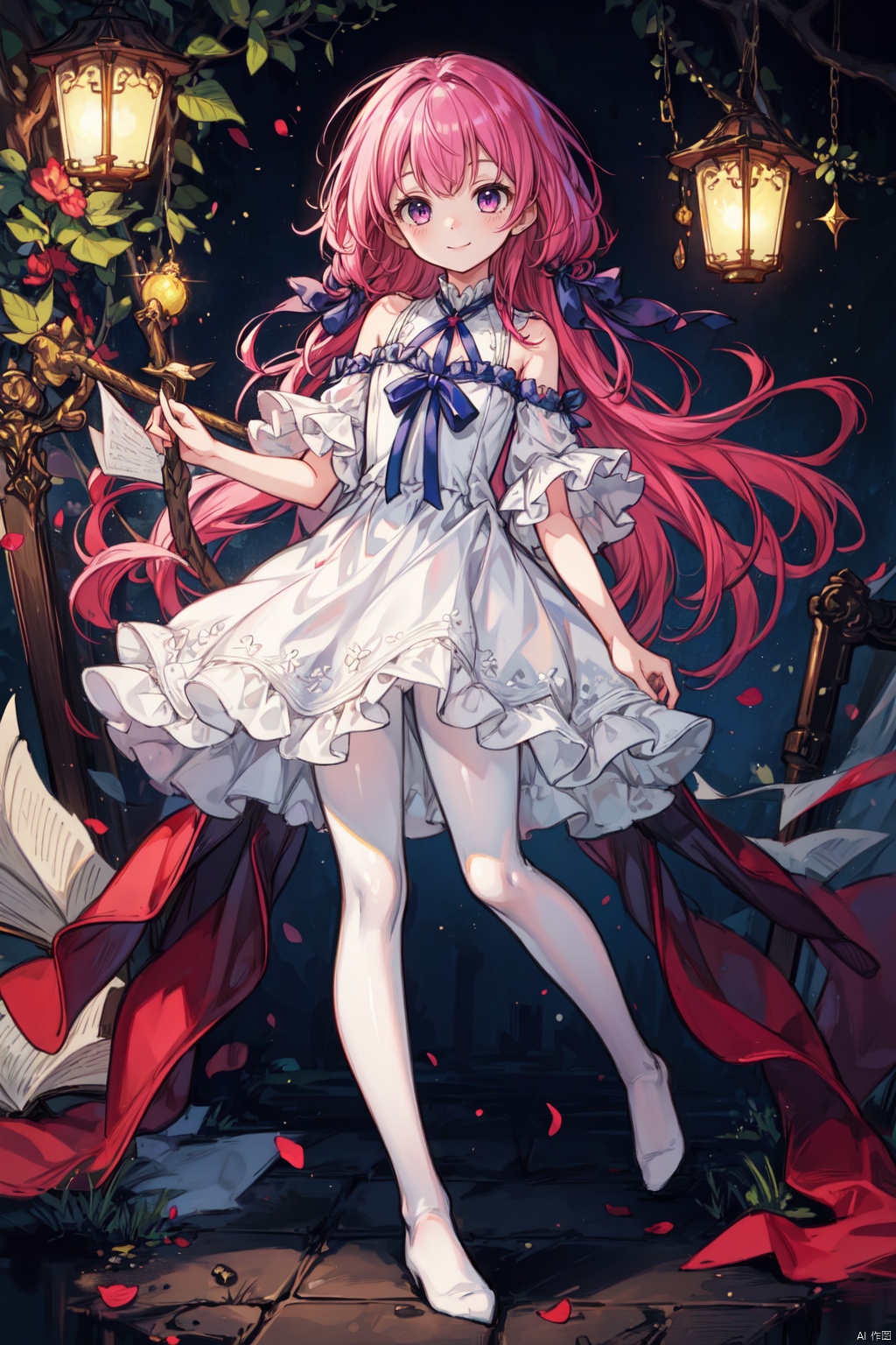 masterpiece, bestquality, Witchcrafter Madame Verre, 1girl, solo, long hair, looking at viewer, smile, dress, ribbon, bare shoulders, blue hair, purple eyes, full body, pink hair, pantyhose, multicolored hair, white dress, white pantyhose,