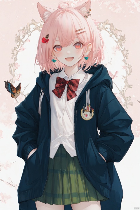 petite,1girl, solo, jewelry, hood, virtual_youtuber, animal_hood, sasaki_saku, skirt, earrings, hair_ornament, hairclip, open_mouth, fang, shirt, bow, smile, looking_at_viewer, green_skirt, jacket, multicolored_hair, hooded_jacket, pleated_skirt, plaid, blush, pink_hair, plaid_skirt, red_eyes, red_bow, bangs, long_sleeves, collared_shirt, hair_between_eyes, streaked_hair, bowtie, pink_background, pink_shirt, short_hair, :d, hood_up, white_jacket, simple_background, open_clothes, animal_ears, red_bowtie, white_hair, dress_shirt