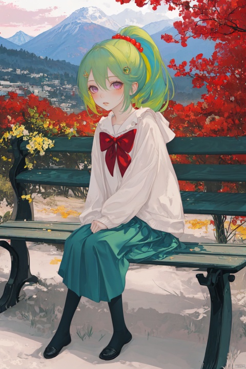 masterpiece, ultra detailed, high quality, 1girl, (blush, red face, parted lips), detailed lips, sitting in bench, (solo), wide shot, scenery, full body, Kuki Shinobu, green hair, hair between eyes, ponytail, short hair, (purple eyes:1.1), hair ornament, kukishinoburnd, colors