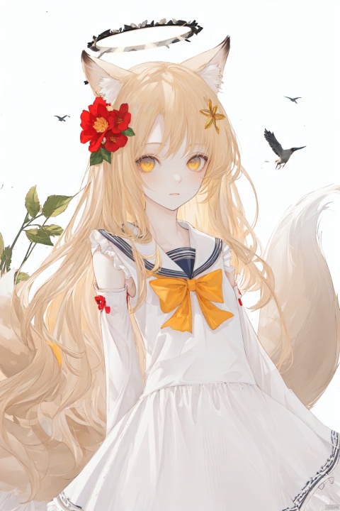 solo, 1girl, animal ears, white background, simple background, detached sleeves, fox ears, blonde hair, halo, long hair, looking at viewer, dress, yellow eyes, hair ornament, flower, white dress, forehead, white sailor collar, sleeves past wrists, bangs, tail, sailor collar, fox tail, sleeveless, blush, parted bangs, animal ear fluff, bird, hair flower, backlight,