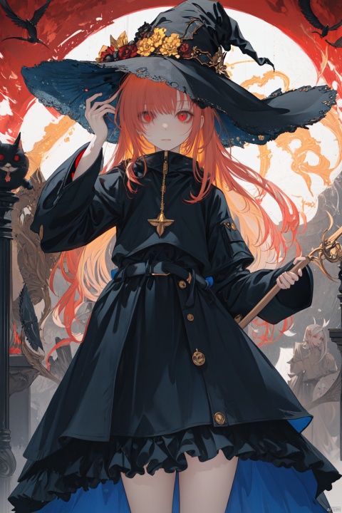  Red eyes, evil, golden, shiny, gold hair,High detailed ,midjourney,perfecteyes,Color magic,urban techwear,hmochako,better witch,witch, witch,Long hair,free style,horror (theme)
