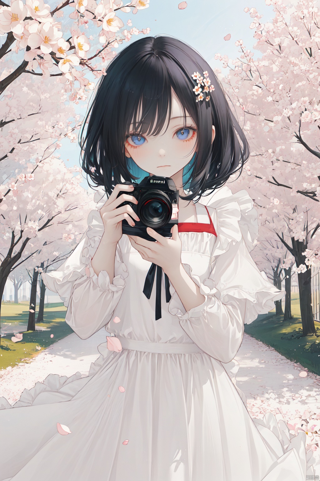 The image features a beautiful anime girl dressed in a flowing white and red dress, standing amidst a flurry of red cherry blossoms. The contrast between her white dress and the red flowers creates a striking visual effect. The lighting in the image is well-balanced, casting a warm glow on the girl and the surrounding flowers. The colors are vibrant and vivid, with the red cherry blossoms standing out against the white sky. The overall style of the image is dreamy and romantic, perfect for a piece of anime artwork. The quality of the image is excellent, with clear details and sharp focus. The girl's dress and the flowers are well-defined, and the background is evenly lit, without any harsh shadows or glare. From a technical standpoint, the image is well-composed, with the girl standing in the center of the frame, surrounded by the blossoms. The use of negative space in the background helps to draw the viewer's attention to the girl and the flowers. The cherry blossoms, often associated with transience and beauty, further reinforce this theme. The girl, lost in her thoughts, seems to be contemplating the fleeting nature of beauty and the passage of time. Overall, this is an impressive image that showcases the photographer's skill in capturing the essence of a scene, as well as their ability to create a compelling narrative through their art.catgirl,loli