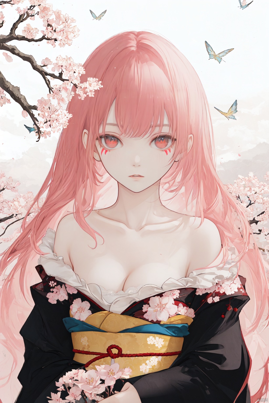 bare_shoulders, branch, breasts, cherry_blossoms, cleavage, collarbone, facial_mark, japanese_clothes, kimono, long_hair, off_shoulder, pink_hair
