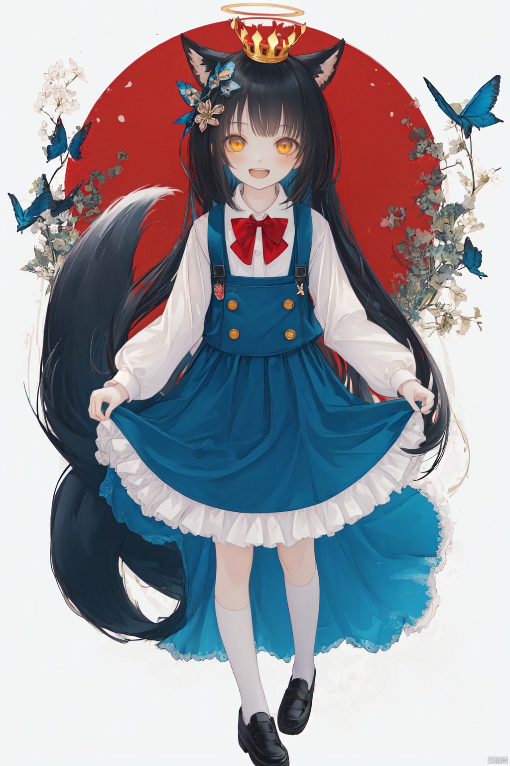 (masterpiece:1.1), (best quality:1.2), highres, original, extremely detailed wallpaper, official art, 1girl, Yellow eyes, （fox ears, fox Tail）, hair ornament, solo, hair ornament, red bow, bow, smile, long sleeves, blush, open mouth, shirt, looking at viewer, bowtie, white bowtie,white shirt,shoes, bangs,pinafore dress, very long hair,standing, dress, full body, collared shirt, skirt, school uniform, from above, black hair,red hat, nagato (azur lane), nagatowhite, azur lane,halo,mini crown, colors, backlight
