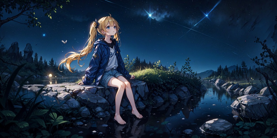1girl,blonde hair,blue eyes,(very long twin tails,looking up),sharp hair,sitting,rocks,river,((reflection,night,star_(sky))), stretch hand, (full body,mid shot,depth of field),(birds),(from above:1.2),dark_blue down coat,bare leg,shorts,(blurry background),backlight, xinniang