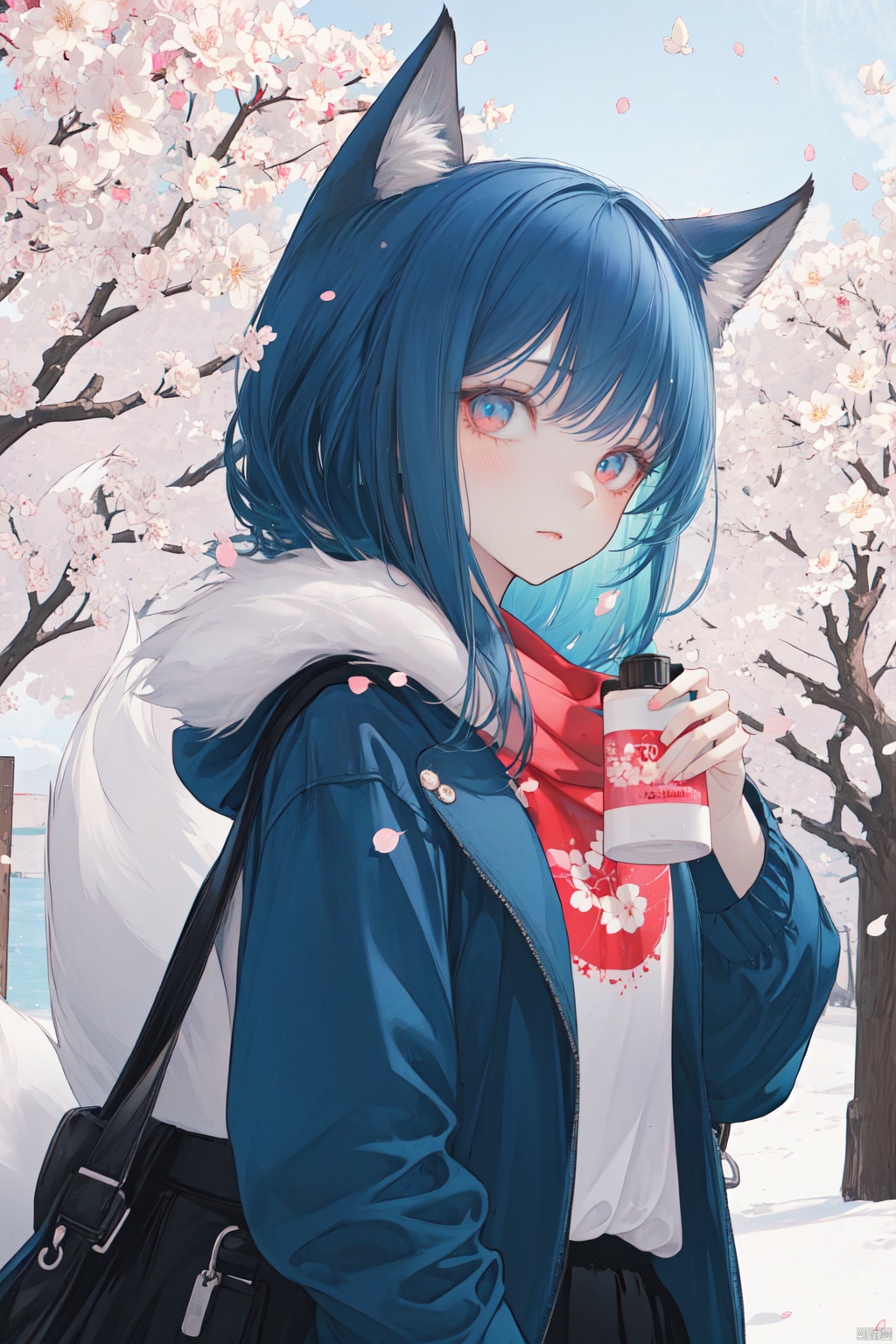 best quality,1 furry girl,ice blue hair,1girl,solo, fox ear,pink laser jacket,cherry blossom tree,8k, 
