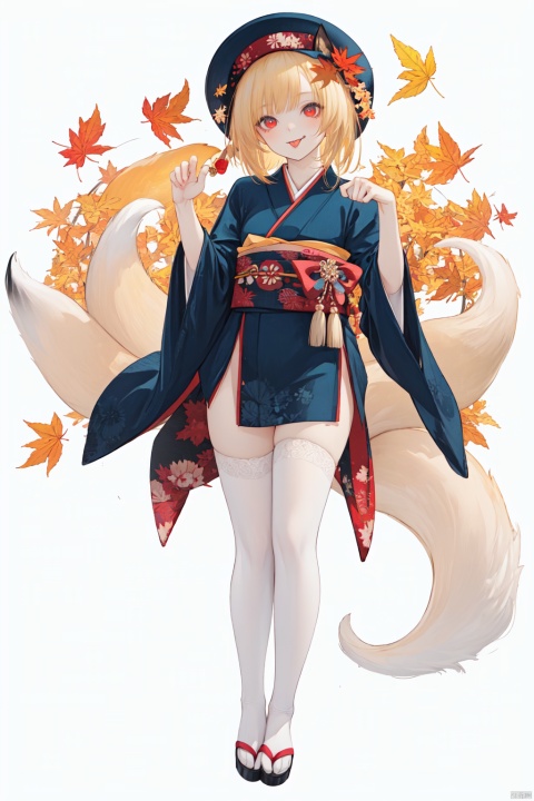 1girl, solo, looking at viewer, blonde hair, simple background, red eyes, thighhighs, hat, white background, animal ears, tail, full body, multicolored hair, japanese clothes, tongue, tongue out, fox ears, fox tail, leaf, :q, paw pose, autumn leaves, fox