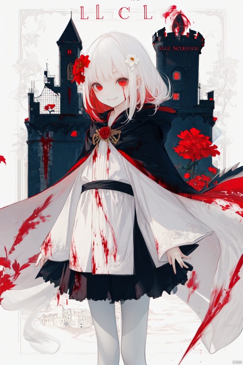 1girl, (loli:1.2), red eyes, white cape, (white hair), long hair, (red hair flower), (blood:1.2), (ghost castle:1.2), (english text), (silhouette), long bangs, evil smile, cover, text below, (distant view:1.2), ethereal dragon, backlight, colors, white pantyhose
负向提示