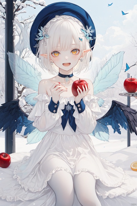 1girl, solo, pointy ears, hat, open mouth, smile, sitting, dress, food, :d, bare shoulders, looking at viewer, fruit, hair ornament, short hair, wings, blue headwear, white dress, apple, white hair, snow, collarbone, bangs, fairy, fur trim, yellow eyes, blush, strapless dress, wrist cuffs, choker, fairy wings, teeth, off shoulder, snowflakes, snowflake hair ornament, backlight, colors, white pantyhose
